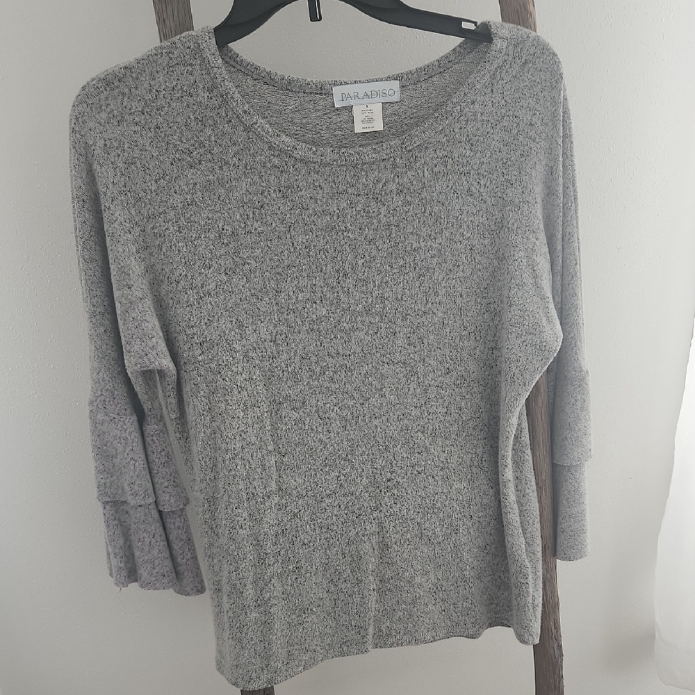 Gray Ruffled Bell Sleeve Sweater
